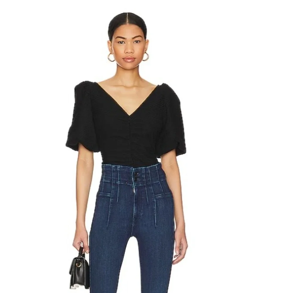Free People Cupcake Top Black Textured V-Neck Puff Sleeve Ruched Top Size L